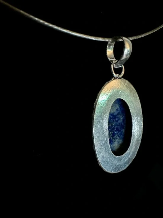 Lapis Lazuli Silver Plated Oval Pendant Choker Necklace - Picture 2 of 9